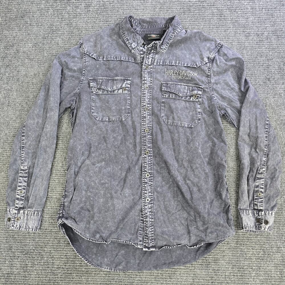 Harley Davidson Shirt Mens Large Gray Acid Wash Skull Snake Graphic Button Up